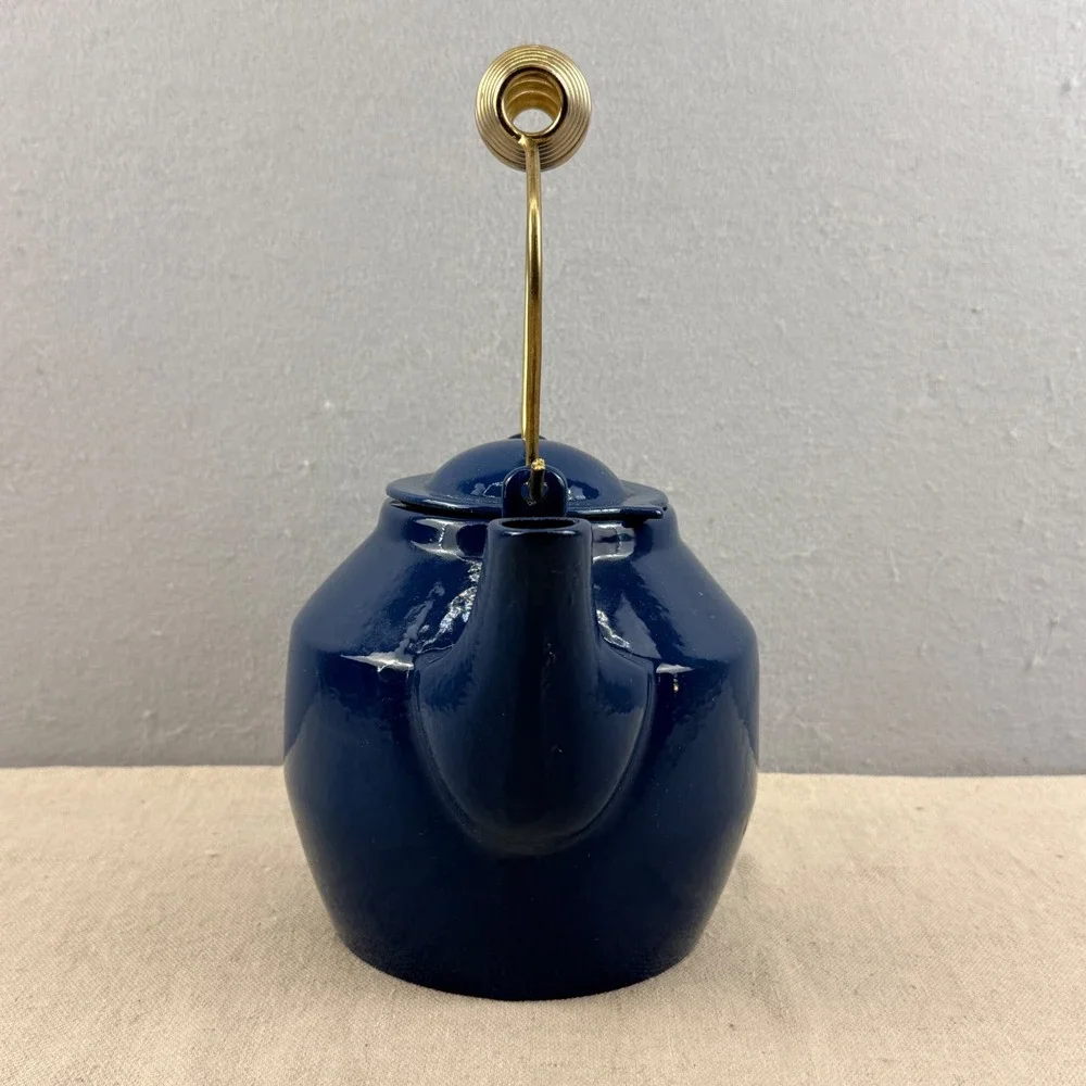 MCM‎ Blue Enamel Cast Iron Teapot Spring Handle Quistgaard Style Danish Modern